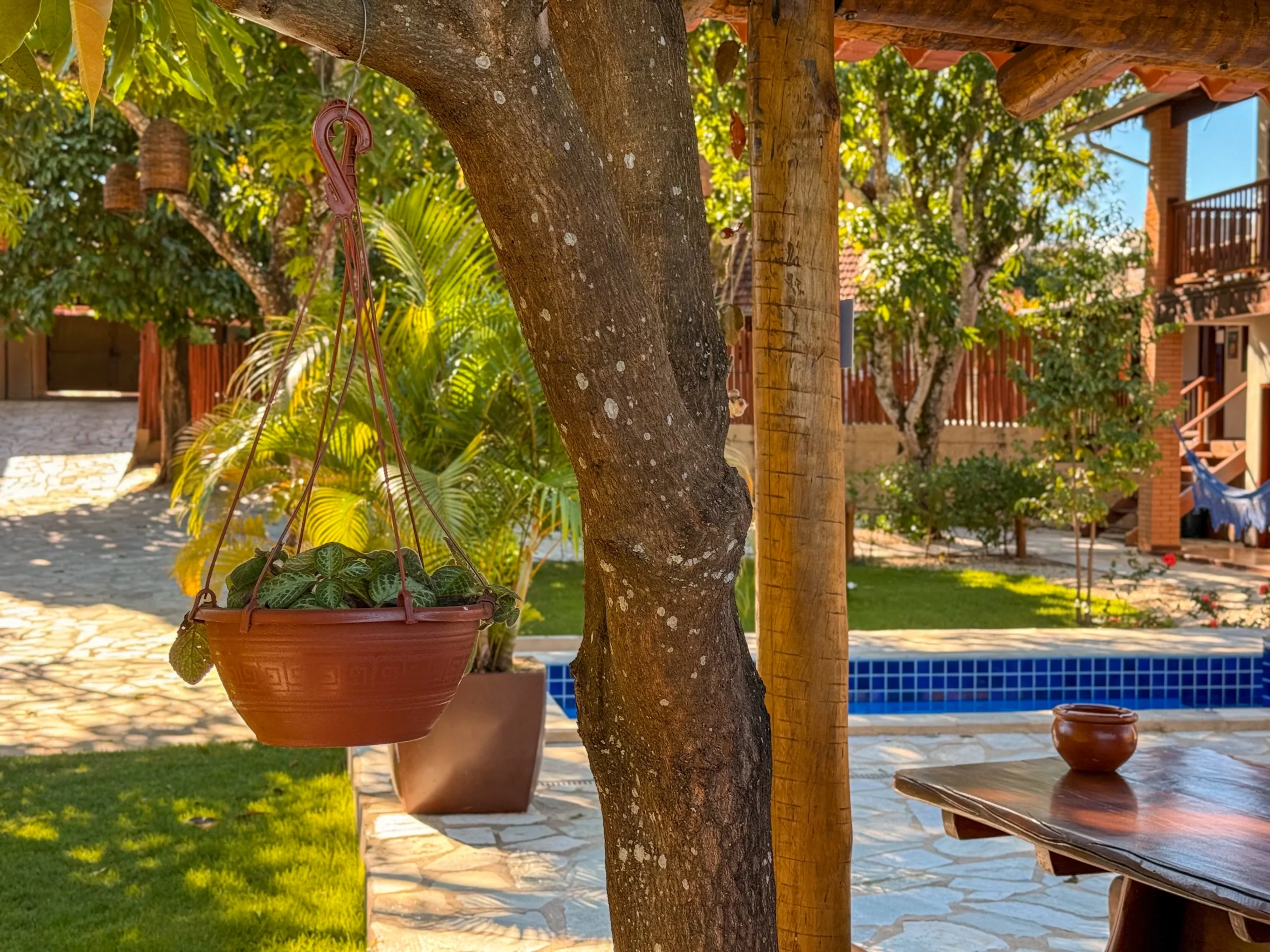 Jardim e piscina da Villa em um dia ensolarado